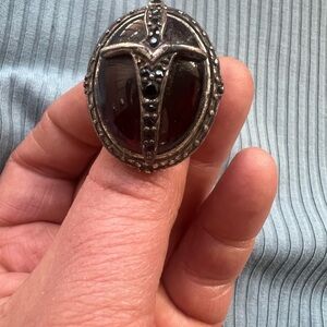 Gunmetal and Deep Red Oval Cabochon Statement Ring 7
